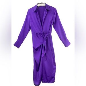 Her Bottari Solid Wrap Dress Size S Violet Purple Cuffed Long Sleeve V Neck NWOT
